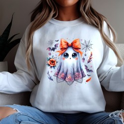 Transfert DTF Halloween Kawaii | Fantôme mignon & Nœud Orange