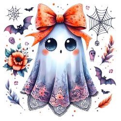 Transfert DTF Halloween Kawaii | Fantôme mignon & Nœud Orange