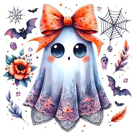 Transfert DTF Halloween Kawaii | Fantôme mignon & Nœud Orange